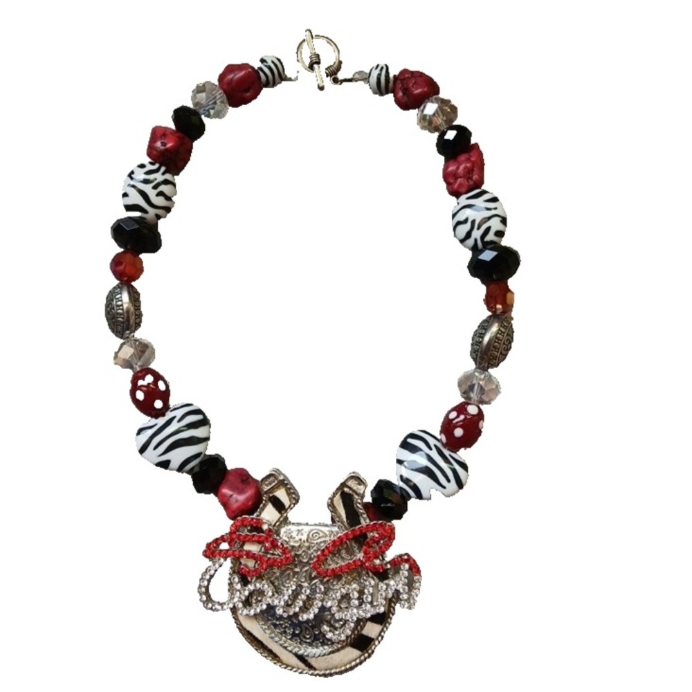 Chunky Western Cowgirl Statement Necklace Calf Hair Horseshoe Red Rhinstones